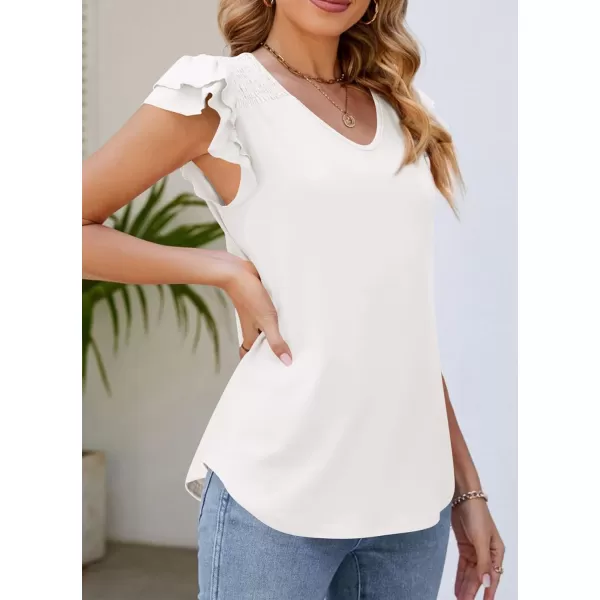 imagePRETTYGARDEN Womens 2024 Summer Basic Tops Casual Ruffle Short Sleeve V Neck T Shirts BlousesWhite