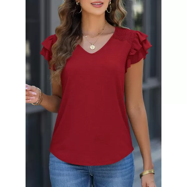 imagePRETTYGARDEN Womens 2024 Summer Basic Tops Casual Ruffle Short Sleeve V Neck T Shirts BlousesWine Red