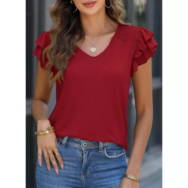 imagePRETTYGARDEN Womens 2024 Summer Basic Tops Casual Ruffle Short Sleeve V Neck T Shirts BlousesWine Red