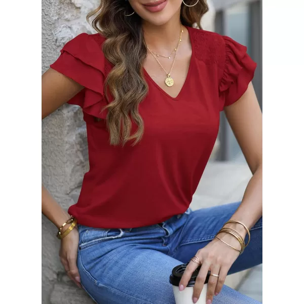 imagePRETTYGARDEN Womens 2024 Summer Basic Tops Casual Ruffle Short Sleeve V Neck T Shirts BlousesWine Red