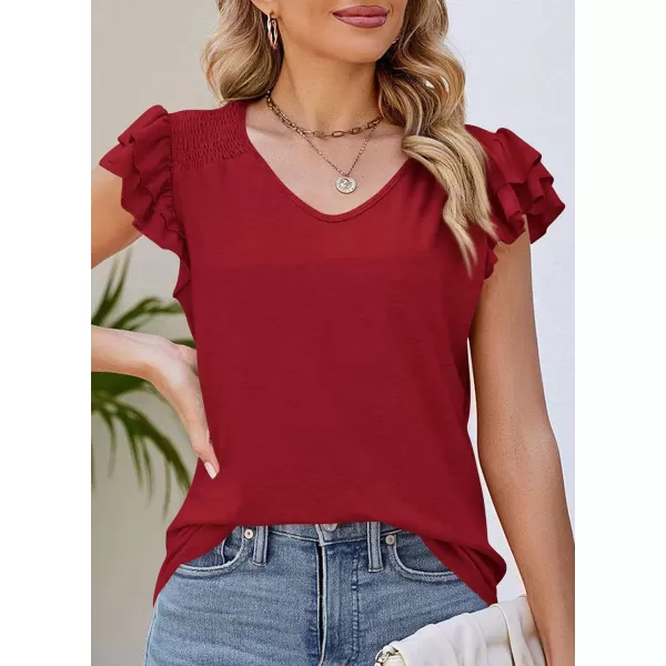imagePRETTYGARDEN Womens 2024 Summer Basic Tops Casual Ruffle Short Sleeve V Neck T Shirts BlousesWine Red
