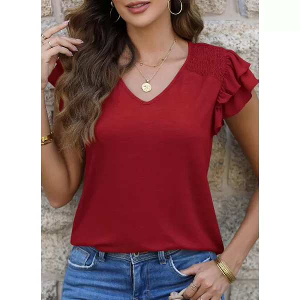 imagePRETTYGARDEN Womens 2024 Summer Basic Tops Casual Ruffle Short Sleeve V Neck T Shirts BlousesWine Red