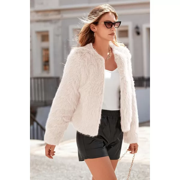 imagePRETTYGARDEN Womens 2024 Winter Coats Fleece Cropped Jacket Faux Fur Long Sleeve Pockets Shaggy Warm Outerwear Fall ClothesApricot
