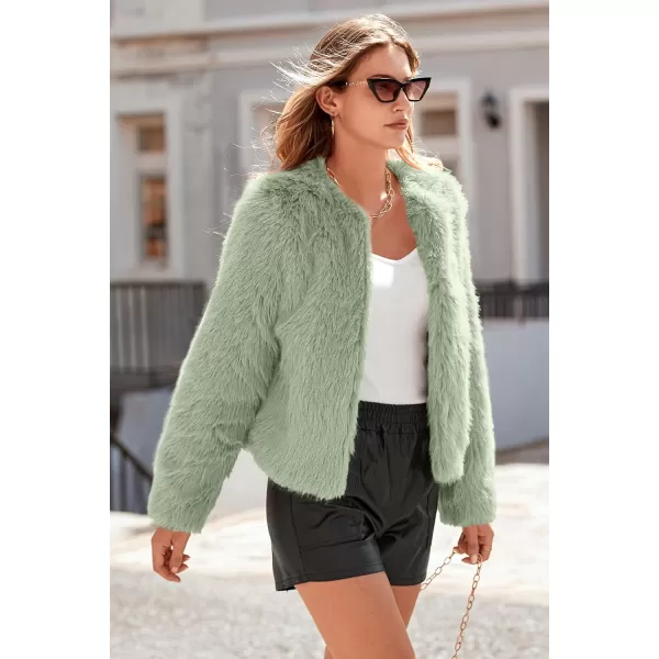 imagePRETTYGARDEN Womens 2024 Winter Coats Fleece Cropped Jacket Faux Fur Long Sleeve Pockets Shaggy Warm Outerwear Fall ClothesBean Green