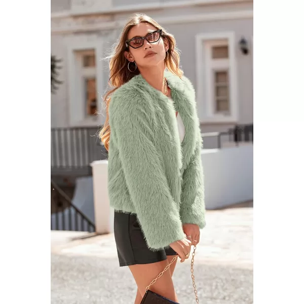 imagePRETTYGARDEN Womens 2024 Winter Coats Fleece Cropped Jacket Faux Fur Long Sleeve Pockets Shaggy Warm Outerwear Fall ClothesBean Green