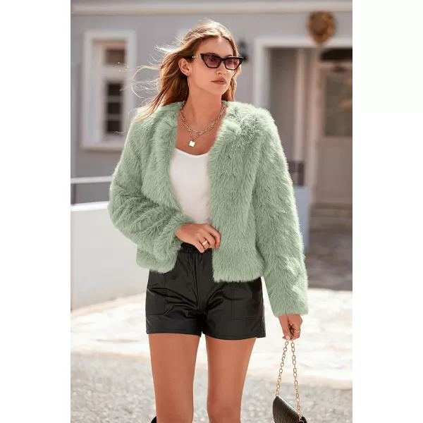 imagePRETTYGARDEN Womens 2024 Winter Coats Fleece Cropped Jacket Faux Fur Long Sleeve Pockets Shaggy Warm Outerwear Fall ClothesBean Green