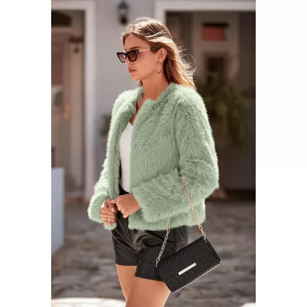 imagePRETTYGARDEN Womens 2024 Winter Coats Fleece Cropped Jacket Faux Fur Long Sleeve Pockets Shaggy Warm Outerwear Fall ClothesBean Green