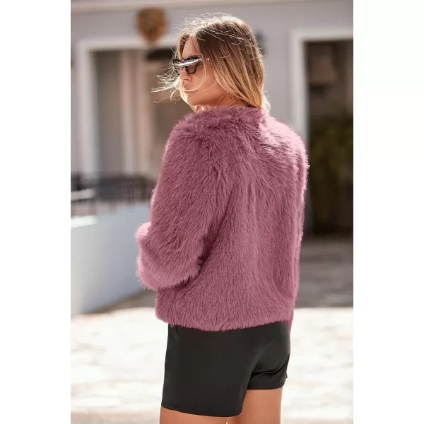 imagePRETTYGARDEN Womens 2024 Winter Coats Fleece Cropped Jacket Faux Fur Long Sleeve Pockets Shaggy Warm Outerwear Fall ClothesBean Paste Red
