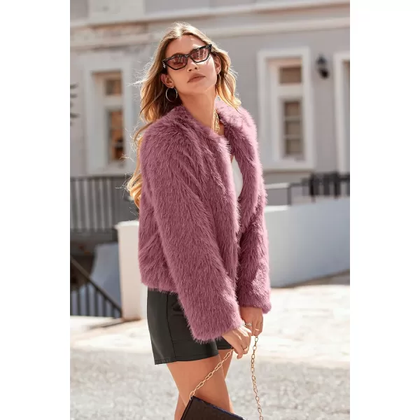 imagePRETTYGARDEN Womens 2024 Winter Coats Fleece Cropped Jacket Faux Fur Long Sleeve Pockets Shaggy Warm Outerwear Fall ClothesBean Paste Red