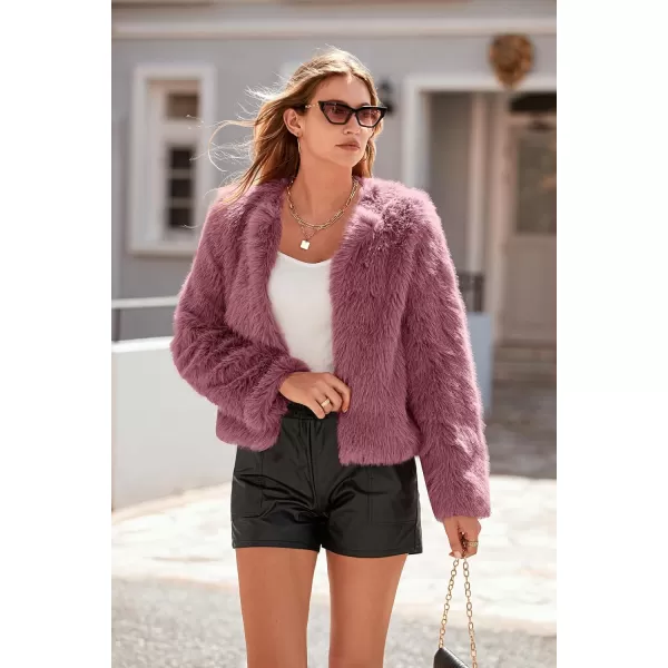imagePRETTYGARDEN Womens 2024 Winter Coats Fleece Cropped Jacket Faux Fur Long Sleeve Pockets Shaggy Warm Outerwear Fall ClothesBean Paste Red