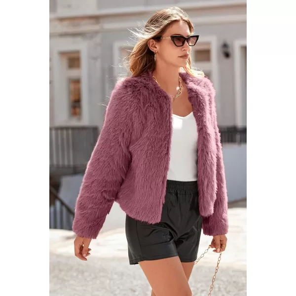 imagePRETTYGARDEN Womens 2024 Winter Coats Fleece Cropped Jacket Faux Fur Long Sleeve Pockets Shaggy Warm Outerwear Fall ClothesBean Paste Red
