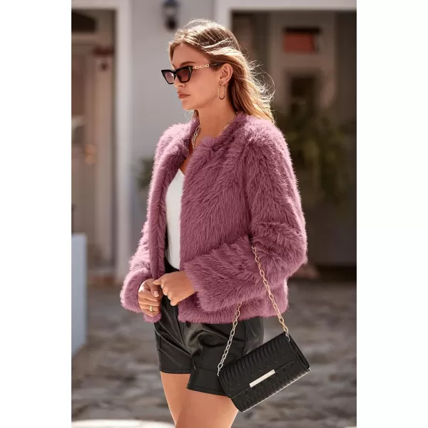 imagePRETTYGARDEN Womens 2024 Winter Coats Fleece Cropped Jacket Faux Fur Long Sleeve Pockets Shaggy Warm Outerwear Fall ClothesBean Paste Red