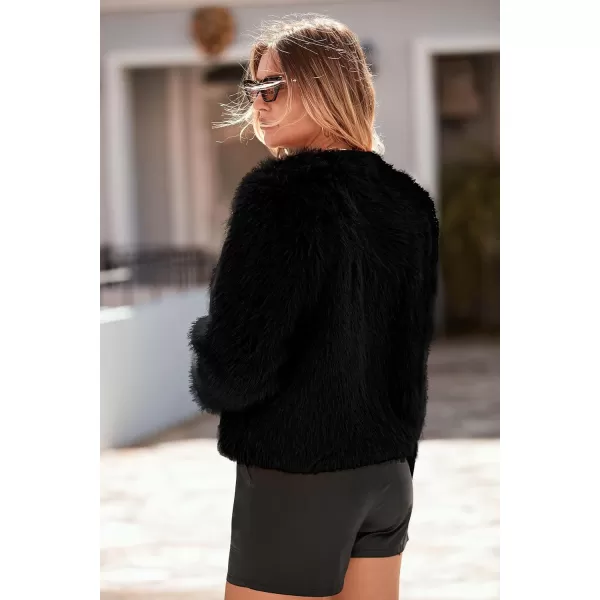 imagePRETTYGARDEN Womens 2024 Winter Coats Fleece Cropped Jacket Faux Fur Long Sleeve Pockets Shaggy Warm Outerwear Fall ClothesBlack