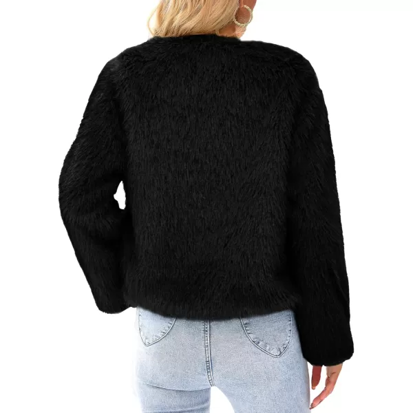 imagePRETTYGARDEN Womens 2024 Winter Coats Fleece Cropped Jacket Faux Fur Long Sleeve Pockets Shaggy Warm Outerwear Fall ClothesBlack