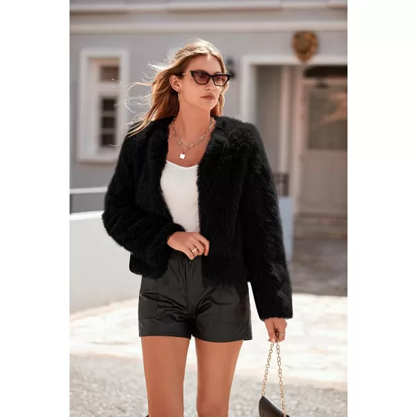 imagePRETTYGARDEN Womens 2024 Winter Coats Fleece Cropped Jacket Faux Fur Long Sleeve Pockets Shaggy Warm Outerwear Fall ClothesBlack