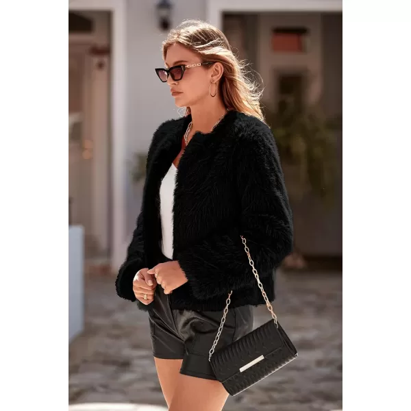 imagePRETTYGARDEN Womens 2024 Winter Coats Fleece Cropped Jacket Faux Fur Long Sleeve Pockets Shaggy Warm Outerwear Fall ClothesBlack