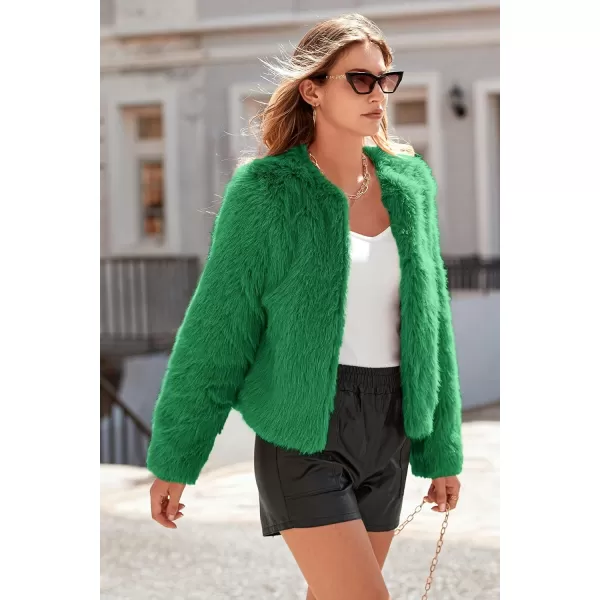imagePRETTYGARDEN Womens 2024 Winter Coats Fleece Cropped Jacket Faux Fur Long Sleeve Pockets Shaggy Warm Outerwear Fall ClothesGreen
