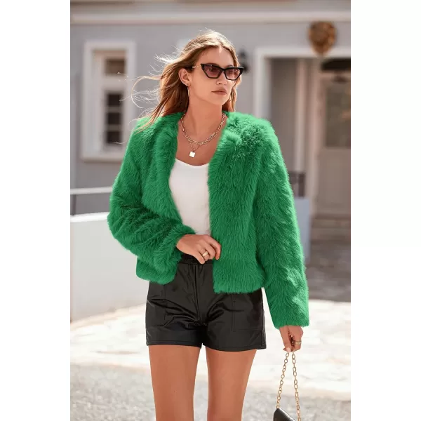 imagePRETTYGARDEN Womens 2024 Winter Coats Fleece Cropped Jacket Faux Fur Long Sleeve Pockets Shaggy Warm Outerwear Fall ClothesGreen