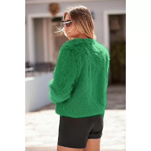 imagePRETTYGARDEN Womens 2024 Winter Coats Fleece Cropped Jacket Faux Fur Long Sleeve Pockets Shaggy Warm Outerwear Fall ClothesGreen