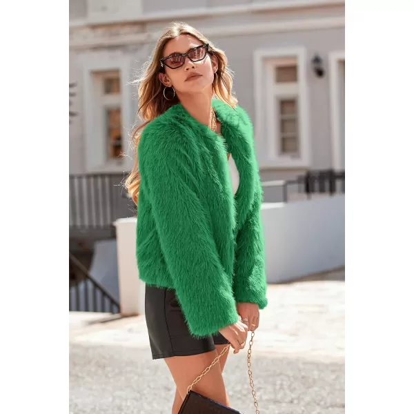 imagePRETTYGARDEN Womens 2024 Winter Coats Fleece Cropped Jacket Faux Fur Long Sleeve Pockets Shaggy Warm Outerwear Fall ClothesGreen