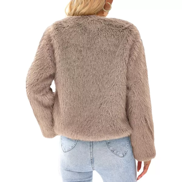 imagePRETTYGARDEN Womens 2024 Winter Coats Fleece Cropped Jacket Faux Fur Long Sleeve Pockets Shaggy Warm Outerwear Fall ClothesKhaki