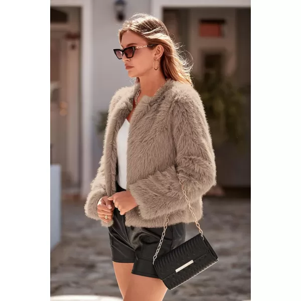 imagePRETTYGARDEN Womens 2024 Winter Coats Fleece Cropped Jacket Faux Fur Long Sleeve Pockets Shaggy Warm Outerwear Fall ClothesKhaki