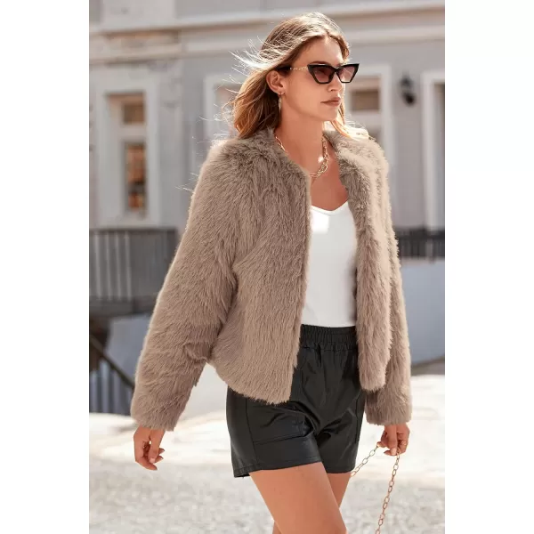imagePRETTYGARDEN Womens 2024 Winter Coats Fleece Cropped Jacket Faux Fur Long Sleeve Pockets Shaggy Warm Outerwear Fall ClothesKhaki