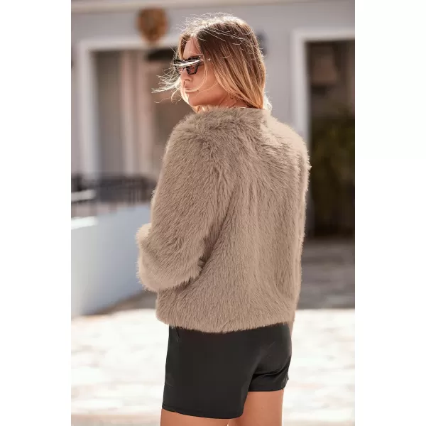 imagePRETTYGARDEN Womens 2024 Winter Coats Fleece Cropped Jacket Faux Fur Long Sleeve Pockets Shaggy Warm Outerwear Fall ClothesKhaki
