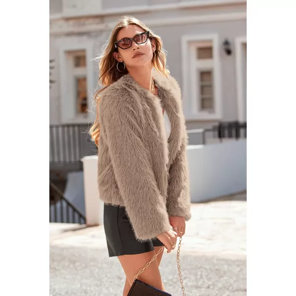imagePRETTYGARDEN Womens 2024 Winter Coats Fleece Cropped Jacket Faux Fur Long Sleeve Pockets Shaggy Warm Outerwear Fall ClothesKhaki