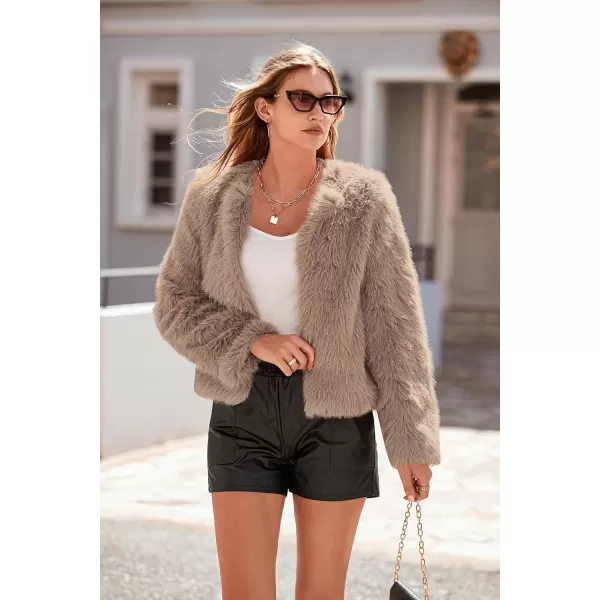 imagePRETTYGARDEN Womens 2024 Winter Coats Fleece Cropped Jacket Faux Fur Long Sleeve Pockets Shaggy Warm Outerwear Fall ClothesKhaki