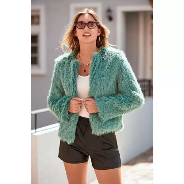 imagePRETTYGARDEN Womens 2024 Winter Coats Fleece Cropped Jacket Faux Fur Long Sleeve Pockets Shaggy Warm Outerwear Fall ClothesLight Green