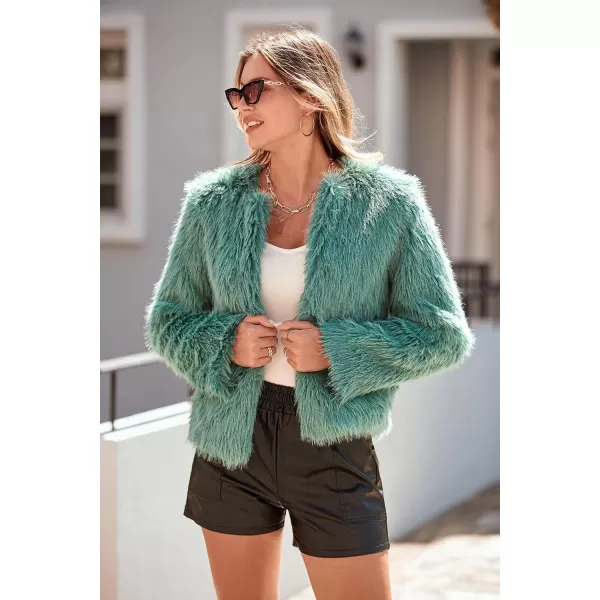 imagePRETTYGARDEN Womens 2024 Winter Coats Fleece Cropped Jacket Faux Fur Long Sleeve Pockets Shaggy Warm Outerwear Fall ClothesLight Green