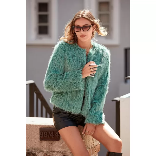 imagePRETTYGARDEN Womens 2024 Winter Coats Fleece Cropped Jacket Faux Fur Long Sleeve Pockets Shaggy Warm Outerwear Fall ClothesLight Green