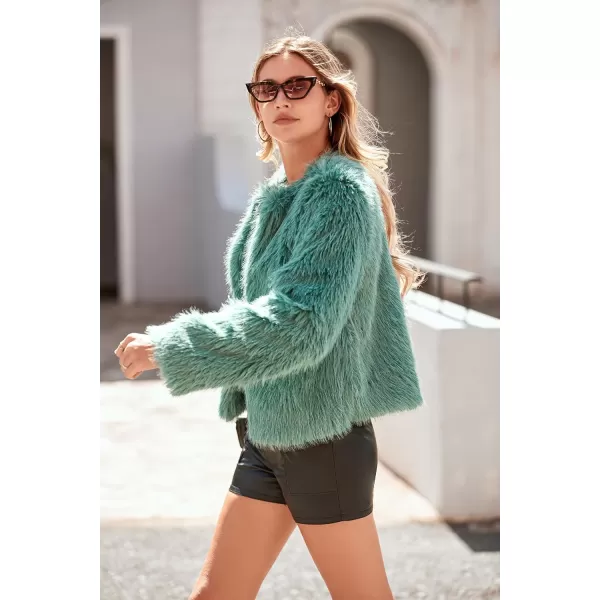 imagePRETTYGARDEN Womens 2024 Winter Coats Fleece Cropped Jacket Faux Fur Long Sleeve Pockets Shaggy Warm Outerwear Fall ClothesLight Green