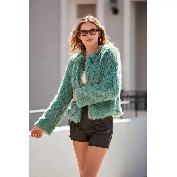 imagePRETTYGARDEN Womens 2024 Winter Coats Fleece Cropped Jacket Faux Fur Long Sleeve Pockets Shaggy Warm Outerwear Fall ClothesLight Green