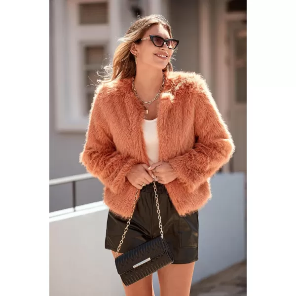 imagePRETTYGARDEN Womens 2024 Winter Coats Fleece Cropped Jacket Faux Fur Long Sleeve Pockets Shaggy Warm Outerwear Fall ClothesOrange