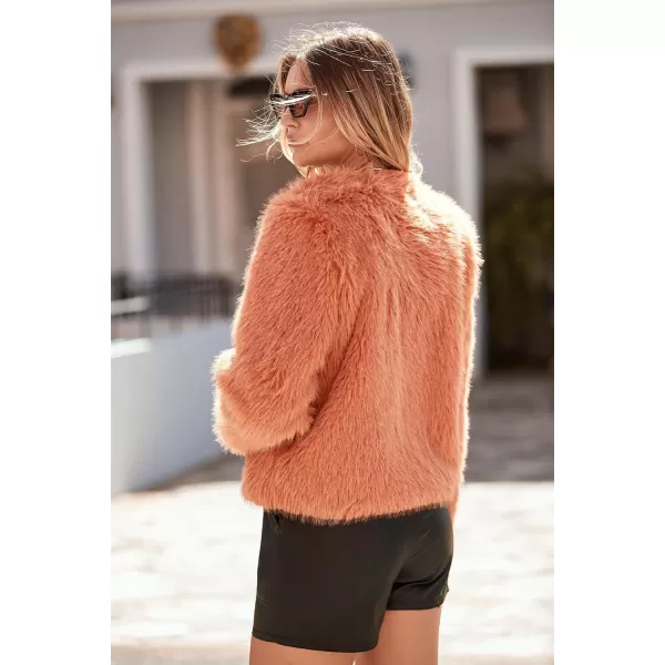 imagePRETTYGARDEN Womens 2024 Winter Coats Fleece Cropped Jacket Faux Fur Long Sleeve Pockets Shaggy Warm Outerwear Fall ClothesOrange