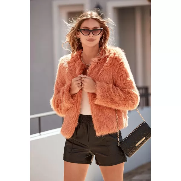 imagePRETTYGARDEN Womens 2024 Winter Coats Fleece Cropped Jacket Faux Fur Long Sleeve Pockets Shaggy Warm Outerwear Fall ClothesOrange