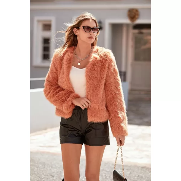 imagePRETTYGARDEN Womens 2024 Winter Coats Fleece Cropped Jacket Faux Fur Long Sleeve Pockets Shaggy Warm Outerwear Fall ClothesOrange