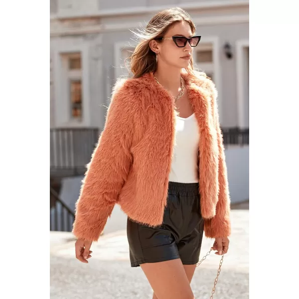 imagePRETTYGARDEN Womens 2024 Winter Coats Fleece Cropped Jacket Faux Fur Long Sleeve Pockets Shaggy Warm Outerwear Fall ClothesOrange