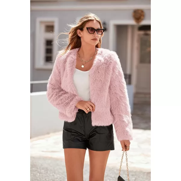 imagePRETTYGARDEN Womens 2024 Winter Coats Fleece Cropped Jacket Faux Fur Long Sleeve Pockets Shaggy Warm Outerwear Fall ClothesPink