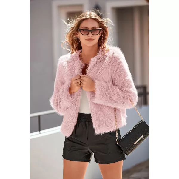 imagePRETTYGARDEN Womens 2024 Winter Coats Fleece Cropped Jacket Faux Fur Long Sleeve Pockets Shaggy Warm Outerwear Fall ClothesPink