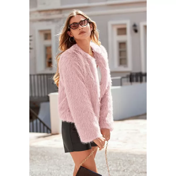 imagePRETTYGARDEN Womens 2024 Winter Coats Fleece Cropped Jacket Faux Fur Long Sleeve Pockets Shaggy Warm Outerwear Fall ClothesPink