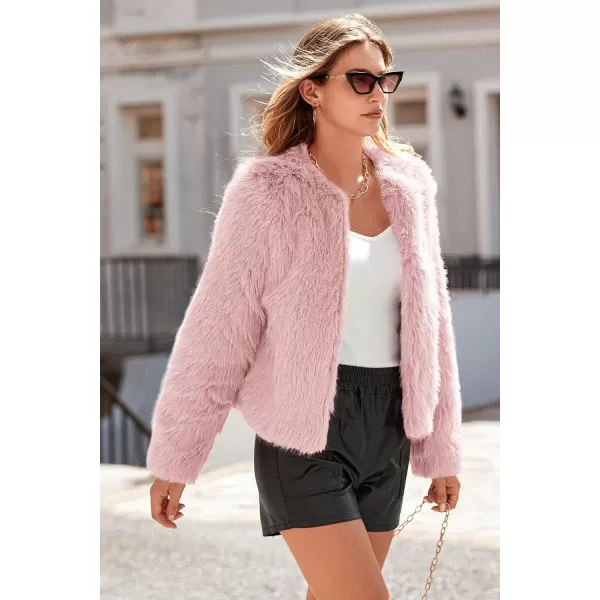 imagePRETTYGARDEN Womens 2024 Winter Coats Fleece Cropped Jacket Faux Fur Long Sleeve Pockets Shaggy Warm Outerwear Fall ClothesPink