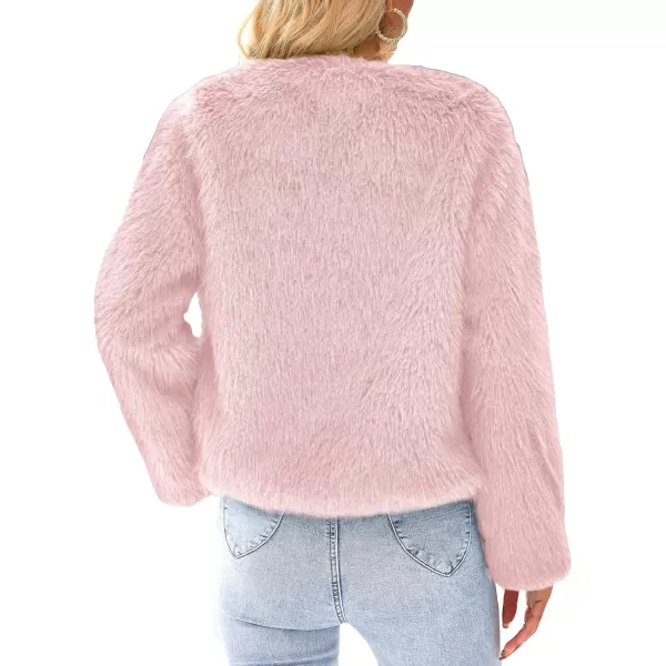 imagePRETTYGARDEN Womens 2024 Winter Coats Fleece Cropped Jacket Faux Fur Long Sleeve Pockets Shaggy Warm Outerwear Fall ClothesPink