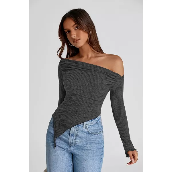 imagePRETTYGARDEN Womens Long Sleeve Y2K Crop Top Trendy Off Shoulder Asymmetrical Fitted Knit Tee Shirts Going Out TopsBlack