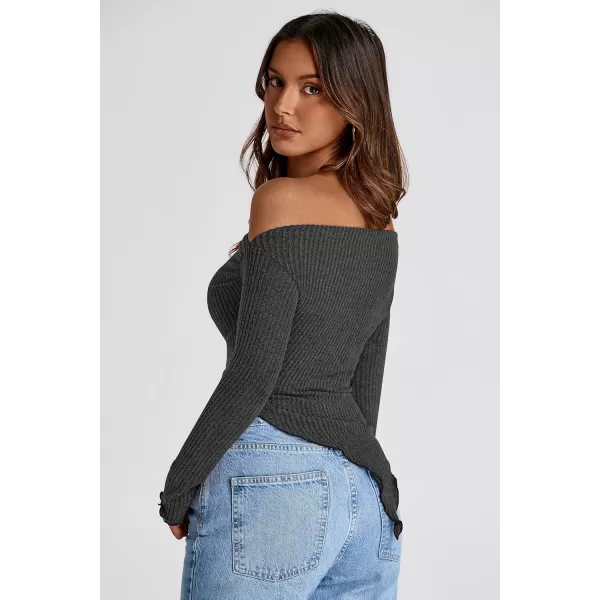 imagePRETTYGARDEN Womens Long Sleeve Y2K Crop Top Trendy Off Shoulder Asymmetrical Fitted Knit Tee Shirts Going Out TopsBlack