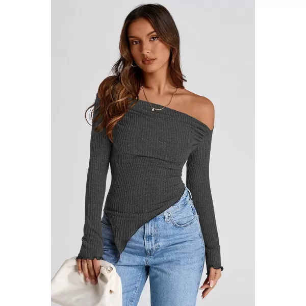 imagePRETTYGARDEN Womens Long Sleeve Y2K Crop Top Trendy Off Shoulder Asymmetrical Fitted Knit Tee Shirts Going Out TopsBlack