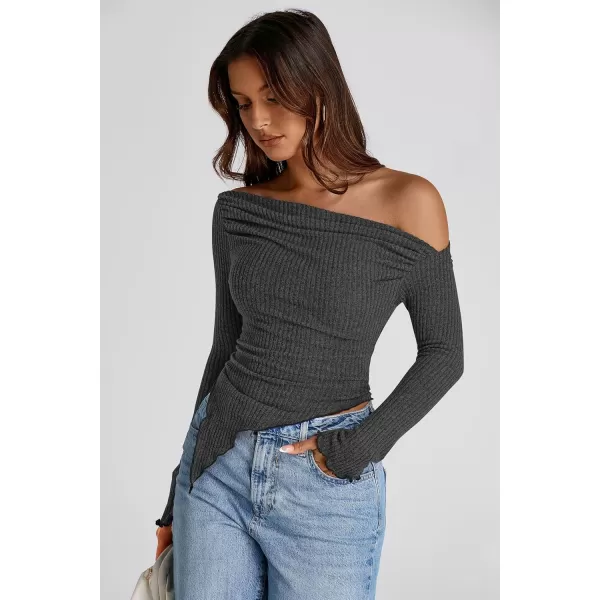 imagePRETTYGARDEN Womens Long Sleeve Y2K Crop Top Trendy Off Shoulder Asymmetrical Fitted Knit Tee Shirts Going Out TopsBlack