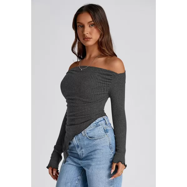 imagePRETTYGARDEN Womens Long Sleeve Y2K Crop Top Trendy Off Shoulder Asymmetrical Fitted Knit Tee Shirts Going Out TopsBlack